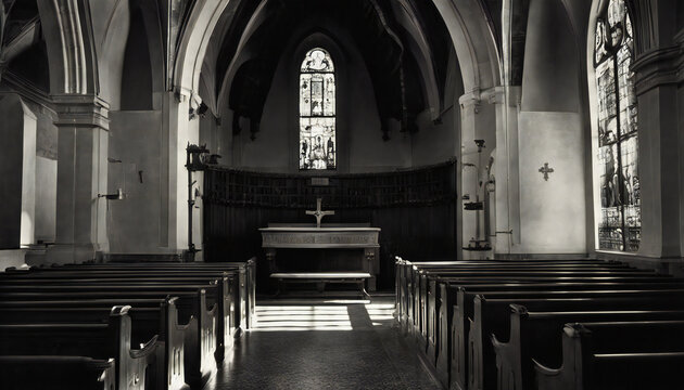 Interior of church. a chapel. black and white illustration.