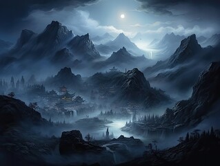 mystical night scene where mountains loom tall, enveloped in a blanket of fog that creeps through the lowlands. The hills are shrouded in an eerie mist, 