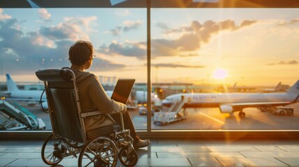 Man in Wheelchair Looking Out Airport Window - obrazy, fototapety, plakaty