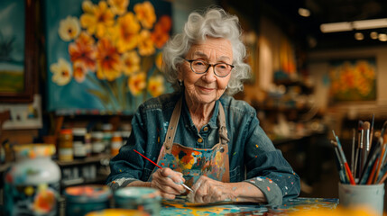 An elderly woman with curly gray hair and glasses is smiling warmly at the camera, holding a paintbrush in a colorful art studio filled with bright paintings and art supplies.
