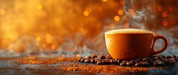 coffee cup and coffee beans image, in the style of smokey background, light orange. Generative AI