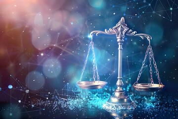 Scales of Justice in a Futuristic Network: Symbolizing Fairness and Equality in Ethics. Concept Ethics, Scales of Justice, Fairness, Equality, Futuristic Network - obrazy, fototapety, plakaty