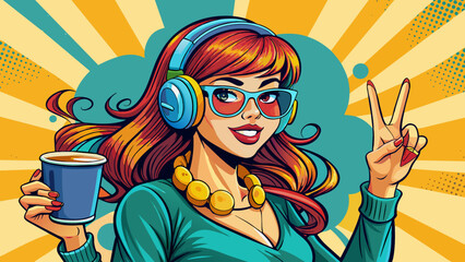winking woman in glasses with head phones makes-pe  - obrazy, fototapety, plakaty