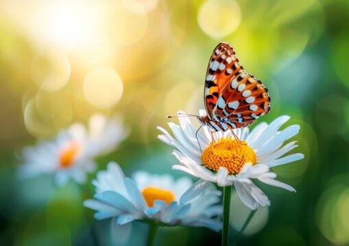 Butterfly Perched on Daisy in a Field of Flowers.


