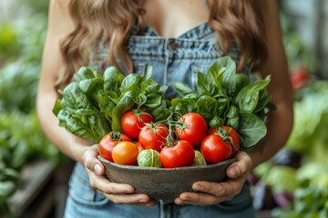 A close-up of a woman holding a rustic bowl filled with ripe tomatoes and basil leaves