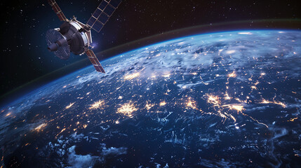 Satellite in Orbit Around Earth with Illuminated Cities Below - obrazy, fototapety, plakaty