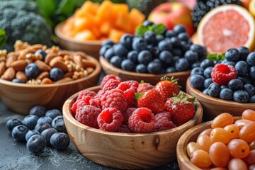Close-up of ripe and juicy berries, artfully arranged in wooden bowls against a dark background,...