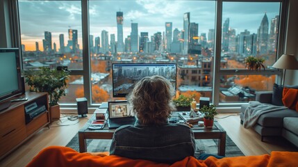 A person is seen from behind, sitting in a cozy modern apartment, gazing out at a stunning cityscape bathed in the warm hues of sunset.