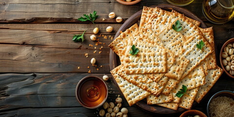 On a wooden table on a plate lies matzo - thin unleavened flatbread,nuts, herbs, spices, sauce.Passover seder plate (keara). Jewish Easter. Passover. National Jewish food. Top view, flat lay. 