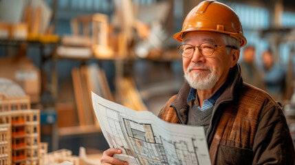 Senior architect evaluating project plans, workshop setting. Experienced engineer with blueprint, industry leader. Expertise in construction, planning, technical design. Suitable for educational
