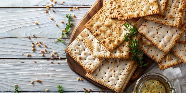 On a wooden table on a plate lies matzo - thin unleavened flatbread. Jewish Easter.Passover seder plate (keara). Passover. National Jewish food. Top view, flat lay. Copy space