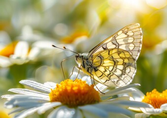 Butterfly Perched on Daisy in a Field of Flowers.

