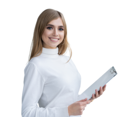 Beautiful young business lady is looking at camera and smiling on transparent