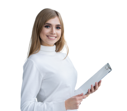 Beautiful young business lady is looking at camera and smiling on transparent