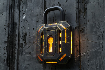 Futuristic digital padlock on a worn metal door.