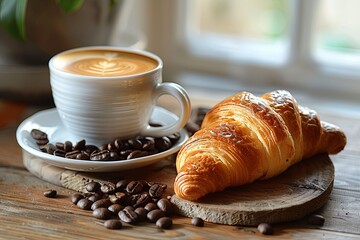 coffee on table near coffee beans and croissants, in the style of photo-realistic still life. Generative AI