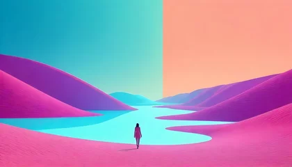 Fotobehang A person standing in a vast desert with pink sand, under a large, surreal © sanart design