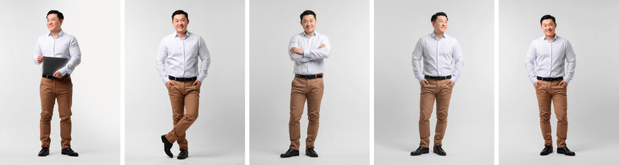 Full length portrait of Asian man on light grey background, set with photos
