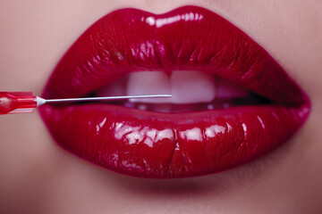 Obraz premium Glossy red crimson lips receiving a cosmetic filler injection with a syringe, a depiction of beauty trends and enhancement procedures, as well as cosmetology procedure.