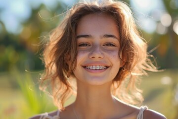 A girl with braces is smiling and looking at the camera - obrazy, fototapety, plakaty