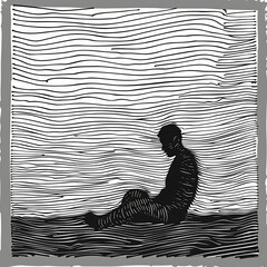 Man thinks about a problem. Time for reflection. Despair, depression, hopelessness or addiction concept. Imitation sketch print in black and white coloring. Design for cover, card, poster, brochure. - 769068511