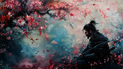 Fotobehang abstract painting of a samurai, picture, vector, illustration, art, model, style, glamour, design, drawing, paint, painting, color, oil, texture, grunge, artistic, textured, abstract, statue © Pana
