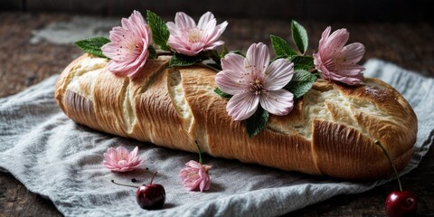   A loaf of bread with pink flowers and leaves on top of a piece of cloth next to cherries - obrazy, fototapety, plakaty