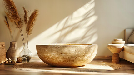 Traditional Metal Bowl on Wooden Background, Symbol of Relaxation and Meditation, Vintage and Natural Design Concept