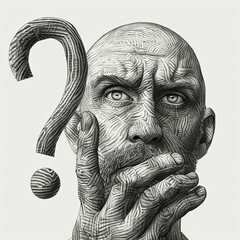 A man's face and a question mark on his background. A search for answers. A time to think. Black and white image in pencil drawing style. Illustration for poster, cover, brochure or presentation. - 769068580