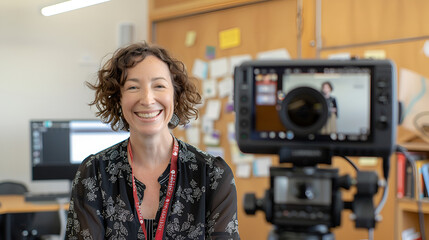 teacher in front of a video camera who is teaching a live, online course. The teacher is smiling and happy to be there