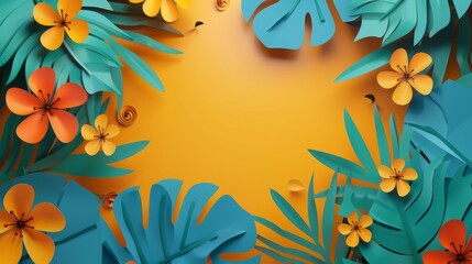 Obraz premium paper style, summer, flowers, leaves, yellow, green, background with an empty space for text and copy in the middle, 16:9