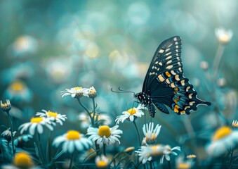 Butterfly Perched on Daisy in a Field of Flowers.

