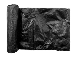 Rolled black garbage bag on a white background. Garbage roll isolate. View from above