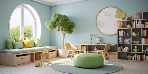 Beautiful colourful children's room with bed, bookcase and toys. Mini world.
