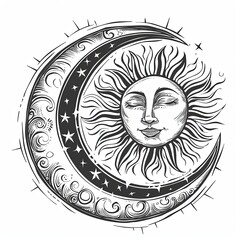 Depiction of the sun and crescent moon with faces and rays. A mystical, esoteric or occult design element. A mystical, esoteric or occult design element. Cartoon characters in pencil drawing style. - 769068783