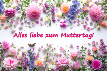 Happy Mother’s Day in German in Floral colorful spring  frame 