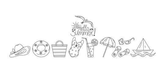 Summer beach set. Cartoon attributes of seaside holidays, vacations, travel. Hand lettering, linear icons. Illustration on an isolated background.
