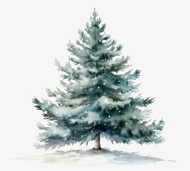 Fototapeta premium Spruce tree, watercolor clip art style isolated on a white background, winter theme, Christmas tree, snowflakes, neutral colors, dark green and gray tones, detailed.