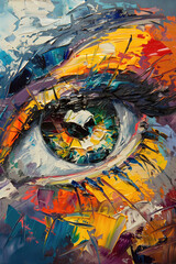 Abstract colorful painting stylized eye with dynamic paint brush strokes and bold palette wall.