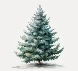 Spruce tree, watercolor clip art style isolated  on a white background, winter theme, Christmas tree, snowflakes, neutral colors, dark green and gray tones, detailed.