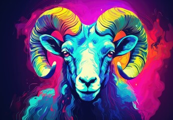 Wild ram drawn with bright colors. Colorful image of wild ram for advertising and design. - 769069154