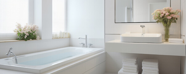 Interior of a modern bathroom of light color with a bath and an area for personal hygiene.