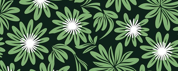 Fototapeta na wymiar simple green flower pattern, lino cut, hand drawn, fine art, line art, repetitive, flat vector art