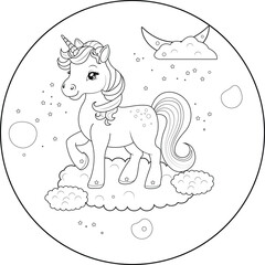Cute unicorn in the universe coloring page vector illustration
