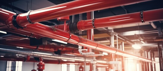 Detailed view of multiple red pipes in an industrial building where a complex network of pipes is installed - Powered by Adobe
