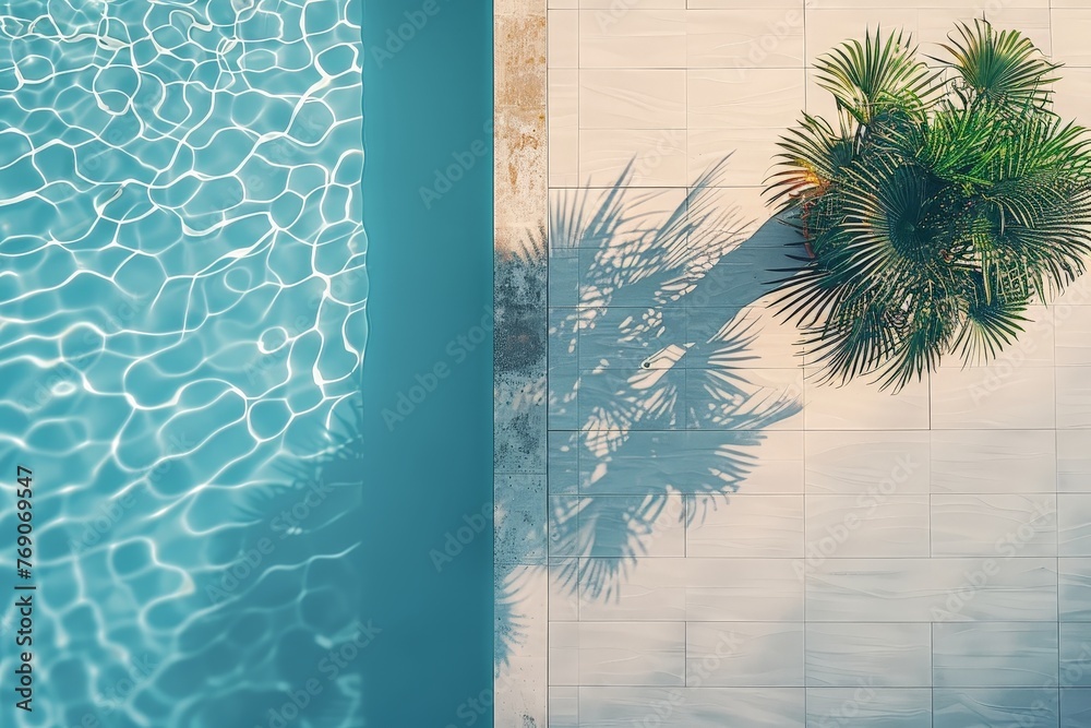 Poster a serene pool glistens under the sun, with a majestic palm tree providing shade. the scene is a perf