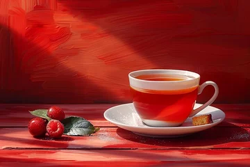  a cup cup tea with piece of cake sitting on red, in the style of photo-realistic landscapes, high resolution. generative AI © Skiffcha