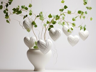 close-up view of delicate branches cascading from a lush green plant nestled in a pristine white pot. Adorning the branches are whimsical heart-shaped ornaments, gently swaying in the breeze. 