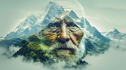 Double exposure combines a woman's face, high mountains and forest. Panoramic view. The concept of the unity of nature and man. Dream, reminisce or plan a climb. Memory of a mountaineer. Illustration. - 769069975