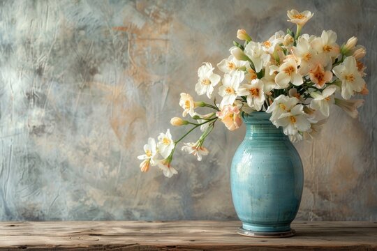 Elegant bouquet of white daffodils in a turquoise vase